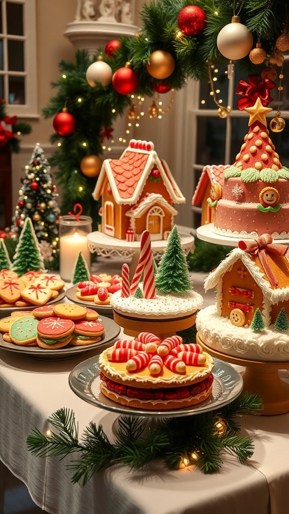 A vibrant assortment of Christmas cookies, gingerbread houses, and cakes on a festive table with holiday decorations.